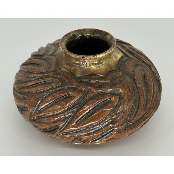 Vintage Stoneware Art Pottery Bowl Tan Brown Swirl Abstract Glazed Signed - Picture 4 of 9